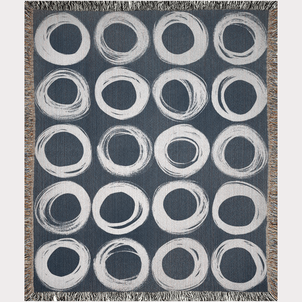 White on Navy Blue Ink-Painted Circles Woven Blanket