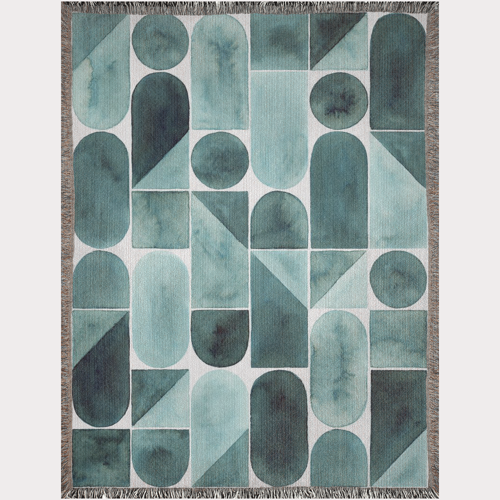 Geometric Teal Ink Painting Woven Blanket