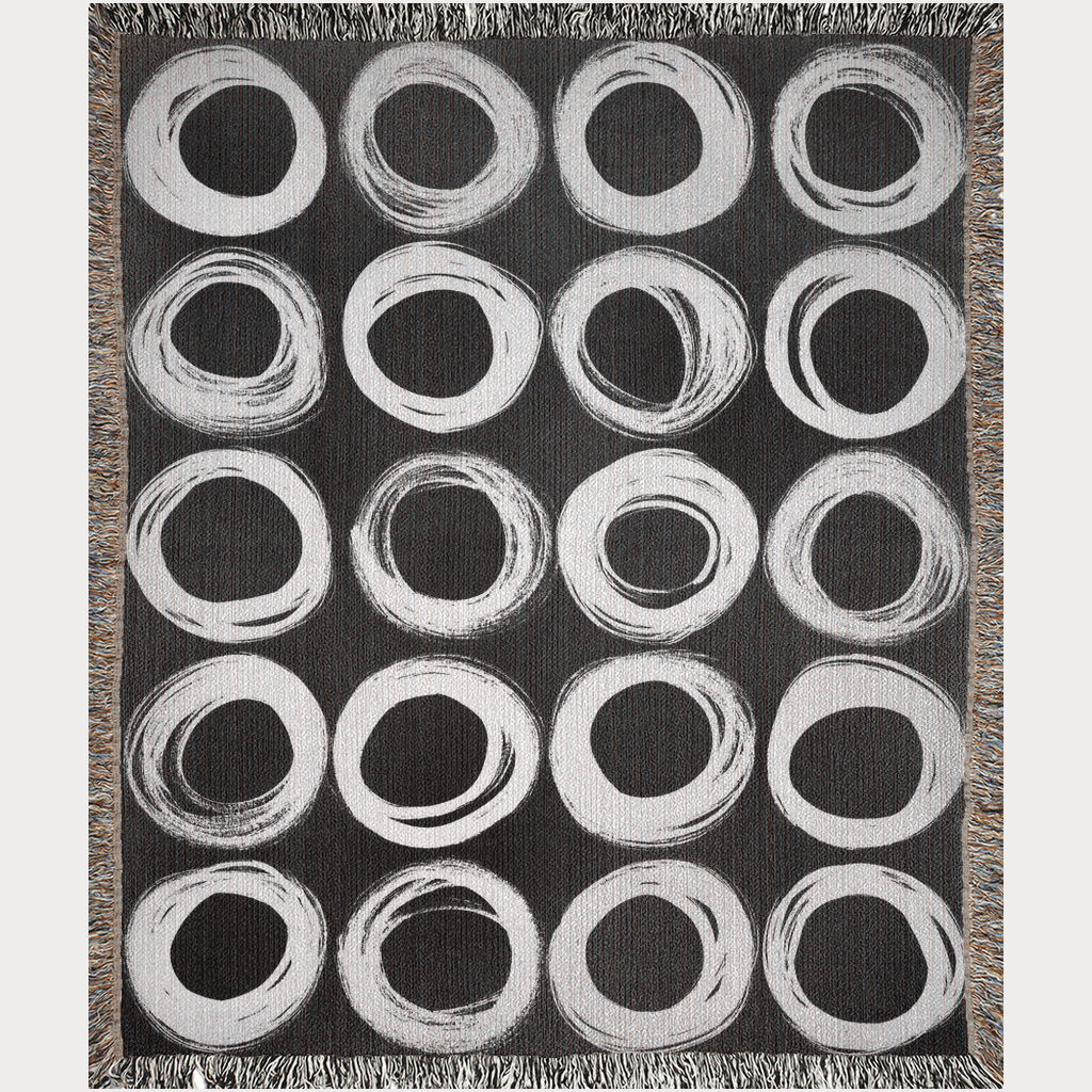 White on Black Ink-Painted Circles Woven Blanket