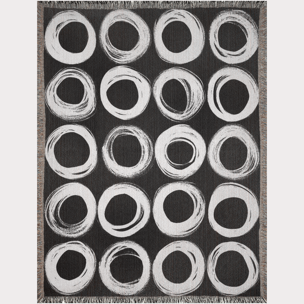 White on Black Ink-Painted Circles Woven Blanket