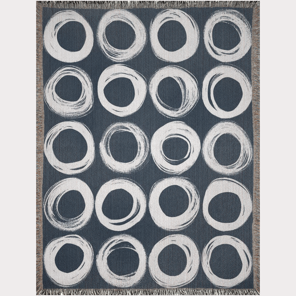 White on Navy Blue Ink-Painted Circles Woven Blanket