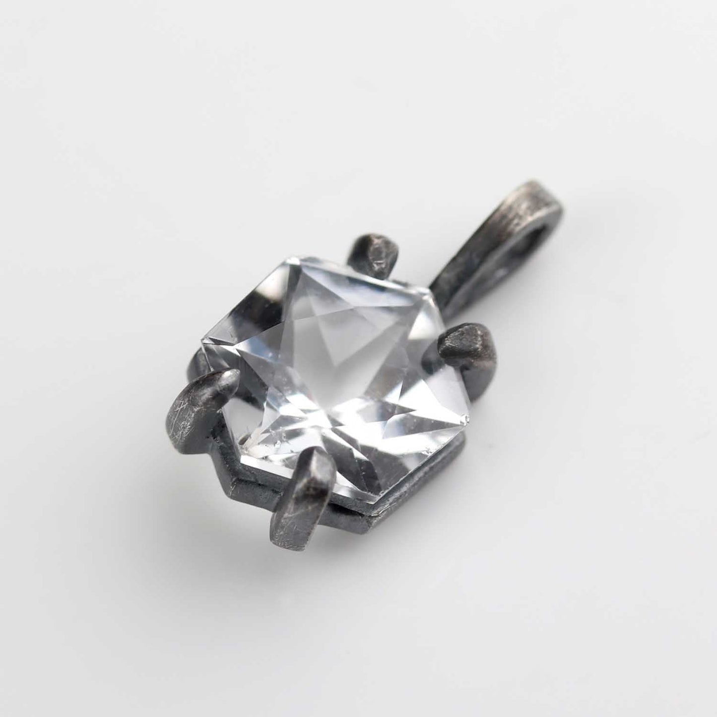 Prong-set Blackened Silver and 6mm Hexagon Arkansas Quartz Pendant