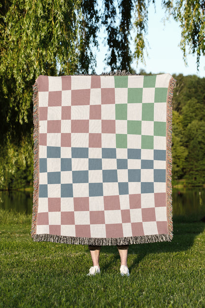 Pink Blue Green Hand Drawn Checker Blanket