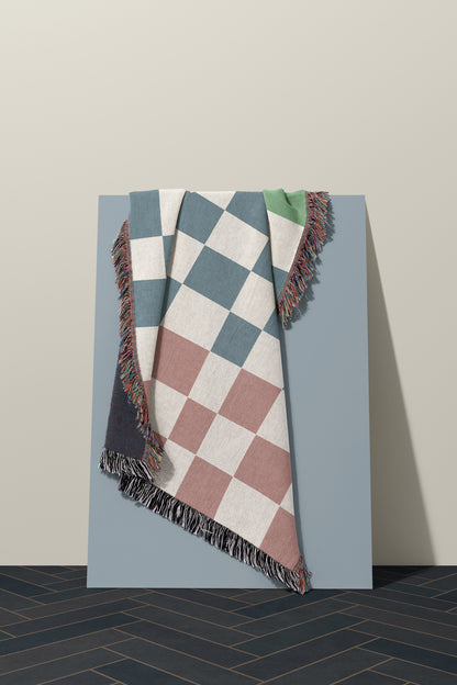 Pink Blue Green Hand Drawn Checker Blanket