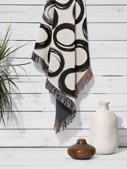 Black and White Ink Painted Circles Woven Blanket